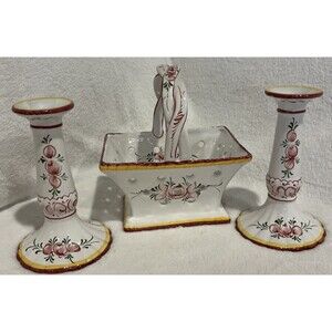 Vintage Portugal Hand Painted basket & candle sticks porcelain ￼ Floral